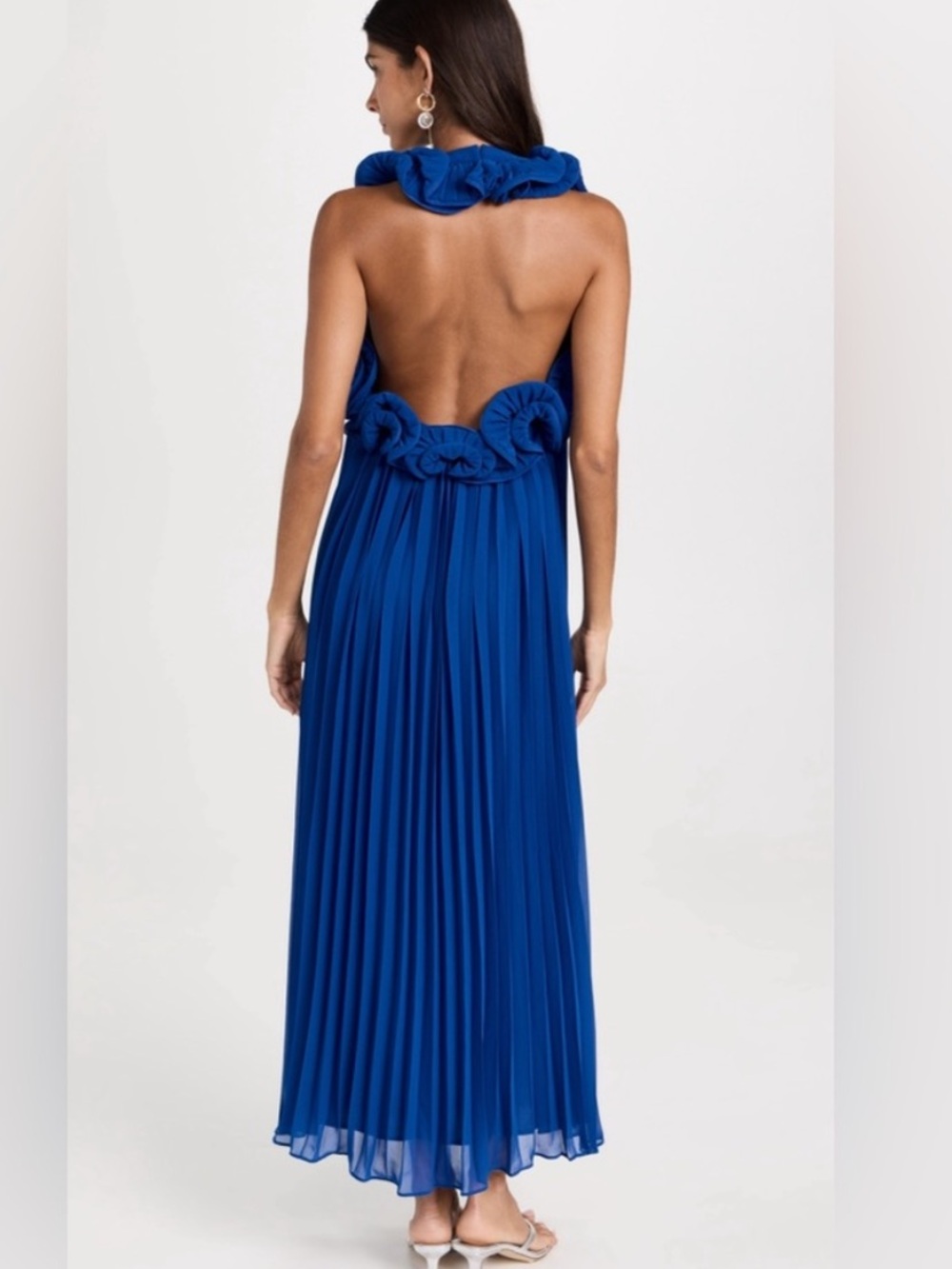 AMUR Cobalt Blue Backless Pleated Maxi Dress with Ruffle Halter - Picture 2 of 8